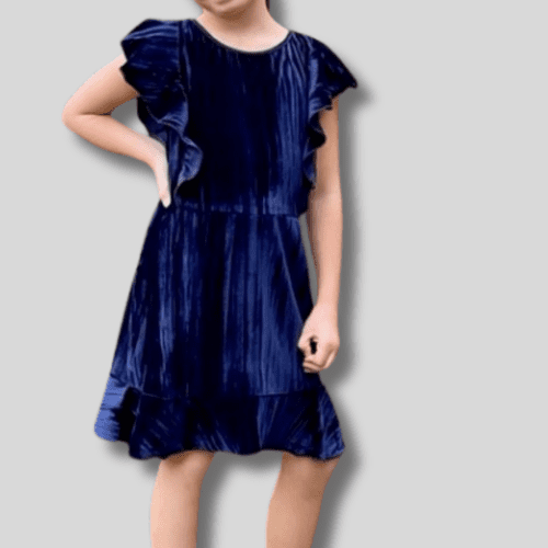Crinkle Velvet Navy Dress - Tween
