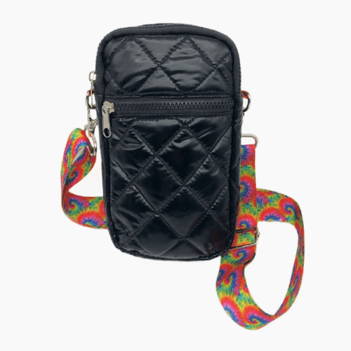 Crossbody Puffer Bag Black/Rainbow Tie Dye Strap